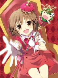 Rule 34 | 1girl, :d, = =, argyle, argyle background, argyle clothes, blush stickers, brown eyes, brown hair, cane, chair, crown, gloves, hair ornament, hidamari sketch, holding, open mouth, sitting, smile, solo, ume-sensei, white gloves, yume no owari, yuno (hidamari sketch)