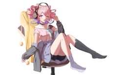 Rule 34 | 1girl, arknights, bike shorts, bike shorts under skirt, black shirt, black socks, blue necktie, blush, braid, chair, choker, clothes on chair, drill hair, frilled sleeves, frills, full body, gaming chair, gradient hair, hand up, jacket, loose necktie, mismatched socks, multicolored hair, necktie, off shoulder, one eye closed, open clothes, open jacket, open mouth, pink hair, pink shirt, purple hair, purple skirt, qiu xu, shirt, short sleeves, simple background, skirt, smile, socks, solo, swivel chair, twin braids, twin drills, two-tone shirt, u-official (arknights), white background, white socks