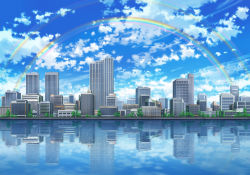 Rule 34 | blue sky, building, city, cloud, cloudy sky, commentary, day, highres, no humans, outdoors, rainbow, reflection, sakanamodoki, scenery, sky, skyline, skyscraper, water surface