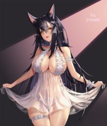 Rule 34 | 1girl, animal ear fluff, animal ears, bare shoulders, black hair, blush, breasts, brown eyes, cleavage, commission, cowboy shot, dress, drooling, highres, large breasts, lips, long hair, looking at viewer, mad kimo, navel, open mouth, original, panties, saliva, see-through, skirt hold, sleeveless, sleeveless dress, solo, thigh gap, thigh strap, underwear, very long hair, white dress, white panties, wrist cuffs, yellow eyes