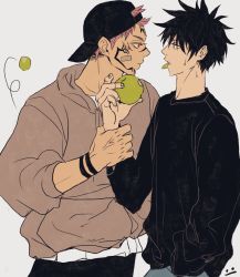 Rule 34 | 2boys, apple, apple peel, arm tattoo, backwards hat, baseball cap, bitten apple, black hair, black headwear, black pants, black shirt, blue pants, brown hoodie, closed mouth, extra eyes, facial tattoo, food, food bite, fruit, fushiguro megumi, hand in pocket, hat, highres, holding, holding another&#039;s wrist, holding food, holding fruit, hood, hood down, hoodie, jujutsu kaisen, kukig8765, long sleeves, looking at another, male focus, mixed-language commentary, mouth hold, multiple boys, pants, pink hair, profile, red eyes, ryoumen sukuna (jujutsu kaisen), shirt, short hair, spiked hair, standing, sweatdrop, tattoo, undercut, white shirt, yaoi