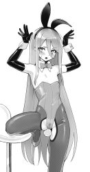 Rule 34 | 1girl, animal ears, areola slip, bare shoulders, blush, bow, bowtie, covered navel, crotch zipper, detached collar, duplicate, elbow gloves, embarrassed, eyes visible through hair, fake animal ears, fake tail, fishnet pantyhose, fishnets, flat chest, gloves, greyscale, hair between eyes, highres, leotard, long hair, looking at viewer, monochrome, nipple slip, nipples, ohlia, open mouth, pantyhose, partially visible vulva, pixel-perfect duplicate, playboy bunny, rabbit ears, rabbit pose, rabbit tail, shakugan no shana, shana, sidelocks, simple background, solo, standing, standing on one leg, strapless, strapless leotard, tail, torn clothes, unmoving pattern, very long hair, white background, wrist cuffs, zipper