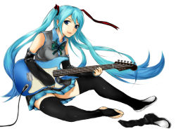 Rule 34 | 1girl, aqua hair, unworn boot, boots, unworn boots, bow, bowtie, detached sleeves, electric guitar, full body, guitar, hair ribbon, hatsune miku, instrument, long hair, ribbon, shoes, simple background, single shoe, sitting, skirt, solo, thighhighs, toeless legwear, toes, twintails, very long hair, vocaloid, white background, yuki tarou