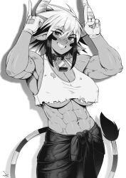 Rule 34 | 1girl, absurdres, animal ears, arms up, blush, breasts, cathyl, cleavage, cow tail, cowbell, female focus, gloves, highres, horns, looking at viewer, monochrome, monster musume no iru nichijou, multicolored hair, muscular, muscular female, navel, short hair, solo, speedl00ver, tail, two-tone hair, underboob, veins, veiny arms