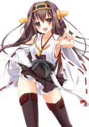 Rule 34 | 10s, 1girl, :d, bare shoulders, black thighhighs, blush, boots, breasts, brown eyes, brown hair, detached sleeves, double bun, frilled skirt, frills, hair bun, hair ornament, hairband, headgear, japanese clothes, kantai collection, kongou (kancolle), long hair, medium breasts, miko, nontraditional miko, open mouth, panties, pantyshot, personification, pink panties, ribbon-trimmed sleeves, ribbon trim, rinka (yuyutei), skirt, smile, solo, thigh boots, thighhighs, underwear, upskirt, v, wide sleeves, zettai ryouiki