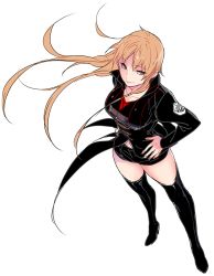 Rule 34 | 10s, 1girl, bad id, bad pixiv id, black footwear, black jacket, black shorts, black thighhighs, blonde hair, boots, breasts, closed mouth, collarbone, eyebrows, female focus, floating hair, from above, full body, genderswap, genderswap (mtf), hair between eyes, hands on own hips, izumi kouhei, jacket, large breasts, legs apart, long hair, long sleeves, looking at viewer, pepper fever, shorts, simple background, sketch, smile, solo, standing, thigh boots, thighhighs, uniform, white background, world trigger, yellow eyes