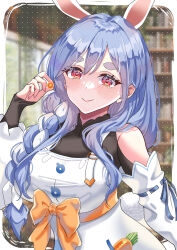 Rule 34 | 1girl, animal ears, apron, black bodysuit, blue hair, blush, bodysuit, braid, braided ponytail, carrot in pocket, detached sleeves, highres, hololive, long hair, looking at viewer, mature female, multicolored hair, nail polish, oursong (kiam pis), pekomama, pink nails, rabbit-shaped pupils, rabbit ears, rabbit girl, red eyes, short eyebrows, smile, solo, streaked hair, symbol-shaped pupils, virtual youtuber, white apron, white hair, white sleeves