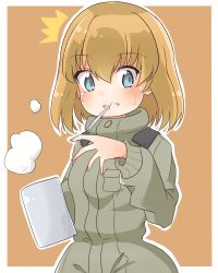 Rule 34 | 10s, 1girl, :t, ^^^, blonde hair, blue eyes, blush, brown background, cbgb, closed mouth, commentary request, cup, girls und panzer, green jumpsuit, highres, holding, jumpsuit, katyusha (girls und panzer), looking at viewer, military, military uniform, mouth hold, mug, short hair, solo, standing, steam, surprised, sweatdrop, uniform, upper body