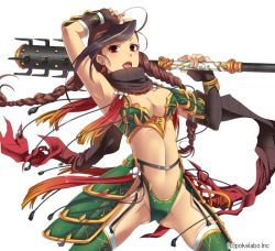 Rule 34 | arm up, armor, armpits, boots, braid, breasts, brown hair, cleavage, detached sleeves, hiiro (kikokico), large breasts, long hair, midriff, navel, red eyes, sangoku infinity, scarf, solo, thigh boots, thighhighs, twin braids, very long hair, weapon