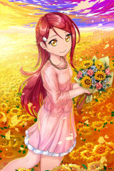 Rule 34 | 1girl, blue flower, bouquet, closed mouth, crazypen, day, field, flower, flower field, hair ornament, hairclip, highres, holding, holding bouquet, layered skirt, long hair, long sleeves, looking at viewer, love live!, love live! school idol festival, love live! sunshine!!, miniskirt, outdoors, petals, pink flower, pink shirt, pink skirt, red hair, sakurauchi riko, shirt, skirt, smile, solo, standing, swept bangs, very long hair, yellow eyes, yellow flower