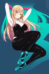 Rule 34 | 1girl, aqua footwear, arms behind head, arms up, black bodysuit, blonde hair, blue background, bodysuit, breasts, commentary, commission, cosplay, covered armpit, english commentary, full body, grin, highres, kitagawa marin, large breasts, lindaroze, long hair, looking at viewer, marvel, multicolored bodysuit, multicolored clothes, multicolored hair, paid reward available, pink eyes, silhouette, skin tight, smile, solo, sono bisque doll wa koi wo suru, spider-gwen, spider-gwen (cosplay), spider-man: across the spider-verse, spider-man: into the spider-verse, spider-man (series), spider-verse, superhero costume, twitter username, two-tone hair, watermark, web address, white bodysuit