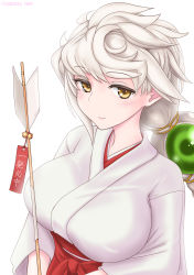 Rule 34 | 1girl, alternate costume, arrow (projectile), asymmetrical hair, braid, breasts, brown eyes, commentary request, cypress, hair ornament, hakama, hakama skirt, hamaya, highres, japanese clothes, jitome, kantai collection, large breasts, long hair, looking at viewer, miko, red hakama, silver hair, simple background, single braid, skirt, solo, translation request, unryuu (kancolle), upper body, very long hair, white background