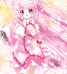 Rule 34 | 1girl, :d, bad id, bad pixiv id, bare shoulders, cherry blossoms, detached sleeves, floral print, flower, frills, hair flower, hair ornament, hatsune miku, light particles, long hair, looking at viewer, necktie, open mouth, petals, pink eyes, pink theme, s20, sakura miku, skirt, smile, solo, standing, very long hair, vocaloid, wide sleeves, wind
