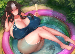Rule 34 | 1girl, animal ears, ass, bare shoulders, blue one-piece swimsuit, blush, breasts, bush, cleavage, coll, cow ears, cow girl, cow horns, cow tail, dot nose, food, full body, holding, holding food, horns, huge breasts, inflatable pool, inflatable toy, leaves, long hair, mole, mole on breast, multicolored hair, nature, one-piece swimsuit, original, outdoors, popsicle, saruton, shiny clothes, shiny skin, sideboob, sidelocks, sitting, solo, swimsuit, tail, thick thighs, thighs, two-tone hair, wide hips