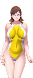 Rule 34 | 1girl, breasts, brown eyes, brown hair, earrings, game cg, glasses, hair ornament, hairclip, happy, jewelry, large breasts, legs, looking at viewer, mihara aika, p/a: potential ability, sei shoujo, short hair, simple background, smile, solo, standing, swimsuit, thighs, white background