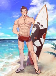 Rule 34 | 1boy, abs, absurdres, alternate costume, bara, beard, blue eyes, brown hair, cloud, cloudy sky, day, facial hair, fate/grand order, fate (series), full body, hand on own hip, highres, icelernd, large pectorals, long sideburns, looking at viewer, male focus, male swimwear, muscular, napoleon bonaparte (fate), nipple slip, nipples, ocean, pectorals, red male swimwear, red swim trunks, sandals, scar, sideburns, sky, smile, solo, surfboard, swim trunks, swimsuit, topless male