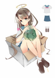 Rule 34 | 1girl, bad id, bad pixiv id, blue eyes, blue sailor collar, blue skirt, bow, box, brown footwear, brown hair, cardboard box, closed mouth, commentary request, copyright request, fake halo, halo, head tilt, highres, in box, in container, loafers, long hair, looking at viewer, nagata ozu, pink bow, pleated skirt, sailor collar, school uniform, serafuku, shirt, shoes, short sleeves, simple background, sitting, sketch, skirt, socks, solo, transparent, very long hair, white background, white shirt, white socks