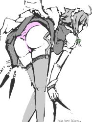 Rule 34 | 1girl, ahoge, ass, bent over, between fingers, braid, clothes lift, cuffs, dress, dress lift, female focus, from behind, garter straps, holding, izayoi sakuya, knife, looking at viewer, looking back, maid, maid headdress, monochrome, panties, panties (pantsu-pirate), pantyshot, pink panties, ribbon, short hair, silver hair, simple background, sketch, solo, spot color, thighhighs, throwing knife, touhou, twin braids, underwear, upskirt, weapon, white background, wrist cuffs