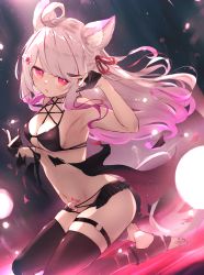 Rule 34 | 1girl, absurdres, ahoge, animal ear fluff, animal ears, armpits, bare shoulders, bikini, black bikini, black gloves, black thighhighs, breasts, cleavage, commentary request, commission, flower, gloves, gradient hair, grey hair, hair flower, hair ornament, hair ribbon, hand up, highres, long hair, looking at viewer, medium breasts, multicolored hair, nail polish, navel, no shoes, o-ring, o-ring bikini, o-ring bottom, original, parted lips, partially fingerless gloves, pink eyes, pink hair, pink nails, pubic hair, red eyes, red ribbon, reizouko, ribbon, skeb commission, solo, stirrup legwear, swimsuit, tail, thighhighs, toeless legwear, very long hair, white flower