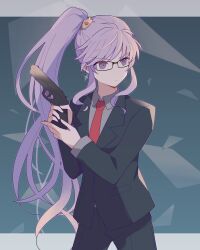 Rule 34 | 1girl, absurdres, commission, commissioner upload, fire emblem, fire emblem: genealogy of the holy war, formal, glasses, gun, hair ornament, highres, holding, holding gun, holding weapon, ishtar (fire emblem), jewelry, long hair, necktie, nintendo, non-web source, purple eyes, purple hair, skeb commission, solo, suit, very long hair, weapon