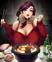 Rule 34 | 1girl, alcohol, bag, bare shoulders, beryl (junkpuyo), bottle, bowl, bra strap, breasts, chopsticks, clam shell, cleavage, cup, drinking glass, earmuffs, eating, egg, food, handbag, holding, holding chopsticks, holding spoon, huge breasts, indoors, jewelry, junkpuyo, mamezara, nail polish, noodles, off shoulder, open mouth, original, plate, purple eyes, purple hair, ramen, red sweater, ring, shrimp, sitting, sleeves past wrists, spoon, strap gap, sweater, table