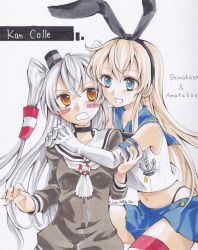 Rule 34 | 10s, 2girls, :d, amatsukaze (kancolle), anchor hair ornament, bad id, bad pixiv id, blonde hair, blue eyes, blush, brown eyes, character name, choker, copyright name, dress, elbow gloves, gloves, hair ornament, hair tubes, hairband, hug, hug from behind, kantai collection, long hair, looking at viewer, multiple girls, navel, open mouth, p-line, parune chigetsu, pleated skirt, sailor dress, school uniform, serafuku, shimakaze (kancolle), short dress, silver hair, skirt, smile, striped clothes, striped legwear, striped thighhighs, thighhighs, traditional media, two side up, zettai ryouiki