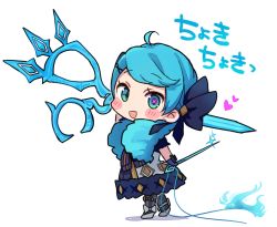 Rule 34 | 1girl, :d, ahoge, black bow, black legwear, blush stickers, bow, cherii (cherry sister), chibi, dress, drill hair, footwear bow, green eyes, green hair, gwen (league of legends), hair bow, hair ornament, heart, heterochromia, holding, holding scissors, league of legends, long hair, needle, open mouth, oversized object, scissors, sewing needle, smile, solo, standing, striped clothes, striped legwear, striped thighhighs, thighhighs, translation request, twin drills, twintails, vertical-striped clothes, vertical-striped thighhighs, x hair ornament