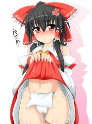 Rule 34 | 1girl, anger vein, bad id, bad pixiv id, bare shoulders, black hair, blush, bow, clothes lift, detached sleeves, dress, dress lift, fundoshi, hair bow, hair tubes, hakurei reimu, japanese clothes, kokujuuji, looking at viewer, midriff, navel, red dress, red eyes, solo, tears, touhou, wavy mouth