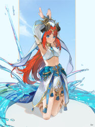 Rule 34 | 1girl, absurdres, arabian clothes, armpits, arms up, blue eyes, blunt bangs, commentary request, dancer, dancing, detached sleeves, dor m, fake horns, genshin impact, gladiator sandals, harem outfit, headpiece, highres, horns, jewelry, kneeling, long hair, long sleeves, looking at viewer, low twintails, navel, neck ring, nilou (genshin impact), parted lips, red eyes, sandals, see-through, see-through sleeves, sidelocks, smile, solo, stomach, twintails, veil, water