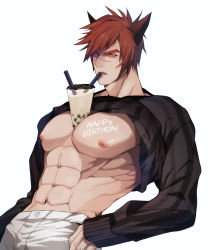 Rule 34 | 1boy, abs, animal ears, bara, bare pectorals, black shirt, brown eyes, brown hair, bubble tea, bubble tea challenge, clothes lift, cup, disposable cup, drinking, drinking straw, drinking straw in mouth, happy birthday, highres, large pectorals, league of legends, male focus, meme, muscular, muscular male, navel, nipples, object on pectorals, pants, pectorals, ryub, scar, scar on face, scar on nose, sett (league of legends), shirt, shirt lift, short hair, solo, white pants