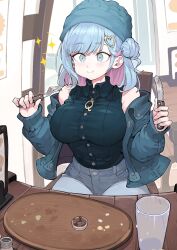 1girl arms_up black_shirt blue_eyes blue_hair blue_jacket breasts crumbs eating fork grey_pants hair_bun hair_ornament hairclip highres holding holding_fork holding_knife jacket jun_(navigavi) knife large_breasts off_shoulder open_clothes open_jacket original pants pink_hair shirt sleeveless smile