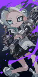 Rule 34 | 1girl, black background, black shorts, blue eyes, commentary request, commission, dynamo roller (splatoon), gradient background, grey eyes, grey footwear, grey hair, heterochromia, highres, holding, holding weapon, medium hair, mole, mole under eye, namazuoku, nintendo, octoling, octoling girl, octoling player character, parted lips, shoes, shorts, solo, splatoon (series), splatoon 3, standing, tentacle hair, weapon