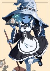 Rule 34 | 1girl, 2boys, alternate costume, apron, black dress, black footwear, blue eyes, blue hair, closed mouth, cup, dress, elden ring, enmaided, extra arms, frown, hat, helmet, highres, holding, holding mop, holding tray, juliet sleeves, long sleeves, looking at viewer, maid, mary janes, miyan (oceanmaiden), mop, multiple boys, pantyhose, prisoner (elden ring), puffy sleeves, ranni the witch, re:zero kara hajimeru isekai seikatsu, roswaal mansion maid uniform, shoes, simple background, skirt hold, smile, solo focus, tarnished (elden ring), teacup, teapot, thighhighs, tray, twitter username, waist apron, war counselor iji, white apron, white thighhighs, witch hat, yellow background