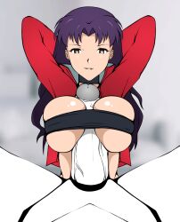 Rule 34 | 1boy, 1girl, alternate costume, animated, animated gif, arms behind head, arms up, belt bra, bouncing breasts, breasts, breasts out, brown eyes, earrings, handsfree paizuri, hetero, highres, jewelry, katsuragi misato, large breasts, lip biting, long hair, looking at another, looking at viewer, mass production eva, masturbation, moaning, monster boy, naughty face, neon genesis evangelion, no bra, paizuri, penis, pov, purple hair, size difference, smile, veins, veiny penis, zonen404