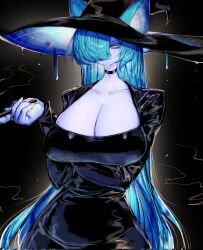 Rule 34 | animal ears, arms under breasts, blue hair, bored, breasts, cat ears, choker, cleavage, crossed arms, dress, hat, highres, huge breasts, long hair, original, smoking pipe, usa37107692, very long hair, wide hips, witch hat