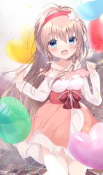 Rule 34 | 1girl, absurdres, bad id, bad pixiv id, balloon, blue eyes, blush, bow, breasts, brown hair, commentary request, dress, eyebrows, fang, fingernails, hair between eyes, hair bow, hair ornament, hairband, hakugan, highres, long hair, looking at viewer, open mouth, outdoors, pink dress, red hairband, ribbon, sanoba witch, shiiba tsumugi, solo, strapless, strapless dress