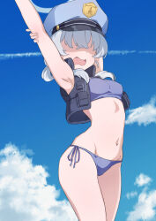 Rule 34 | 1girl, arm up, arms up, bare arms, bare shoulders, bikini, blue archive, blue bikini, blue hat, blue sky, blush, breasts, cloud, cowboy shot, day, grey hair, groin, hair between eyes, hat, highres, jacket, matsu520, navel, open mouth, outdoors, peaked cap, sky, small breasts, solo, standing, stomach, swimsuit, valkyrie police academy student