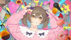 Rule 34 | 1girl, animal ears, arms up, blush, bow, bowtie, brand name imitation, brown hair, cable, candy, cosmetics, cup, disposable cup, doughnut, food, fork, fruit, glasses, grin, hair bow, headphones for animal ears, highres, horse ears, kogomiza, lipstick tube, long sleeves, looking at viewer, macaron, makeup brush, microphone, multicolored nails, nail polish, orange (fruit), orange slice, pink hair, scissors, short hair, smart falcon (umamusume), smile, solo, sony, spoon, teeth, twintails, umamusume, upper body, yellow eyes