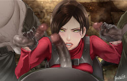 Rule 34 | 1girl, 3boys, ada wong, asian, black hair, blush, bob cut, breasts, butcha-u, censored, curtained hair, double handjob, dress, erection, fellatio, gloved handjob, gloves, group sex, handjob, hetero, holster, imminent fellatio, large penis, looking at viewer, medium breasts, mmf threesome, mosaic censoring, multiple boys, oral, penis, penis on face, red lips, red sweater, resident evil, resident evil 4, short hair, shoulder holster, solo focus, surrounded by penises, sweater, sweater dress, testicles, threesome, turtleneck dress, veins, veiny penis, yellow eyes
