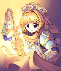 Rule 34 | 1girl, armor, arthur (monster strike), blonde hair, blue eyes, breastplate, brown cape, cape, closed mouth, commentary request, cowboy shot, crown, emurin, gauntlets, gloves, glowing, glowing sword, glowing weapon, holding, holding sword, holding weapon, looking at viewer, monster strike, pauldrons, short hair, shoulder armor, smile, solo, sword, weapon, white gloves