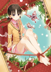Rule 34 | 1girl, amamiya chiharu, ankle ribbon, bad id, bad pixiv id, bare legs, barefoot, brown hair, bug, butterfly, dress shirt, hair bobbles, hair ornament, insect, leg ribbon, luggage, original, purple eyes, ribbon, shirt, short hair, short twintails, shorts, sitting, smile, snow, solo, striped, suitcase, toes, twintails, vertical stripes