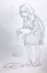 Rule 34 | ..., 1girl, ahoge, blank stare, braid, breasts, collared shirt, commentary, cross tie, dress, dropping, empty eyes, failure, food, full body, graphite (medium), greyscale, hair ornament, highres, holding, holding plate, jacket, kizuna akari, large breasts, long hair, long sleeves, looking at food, looking down, low twin braids, monochrome, open clothes, open jacket, open mouth, pantyhose, pizza, pizza slice, plate, ribbed shirt, shirt, short dress, simple background, smile, solo, spoken ellipsis, standing, toriniku29, traditional media, twin braids, underbust, vocaloid, voiceroid