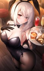 Rule 34 | 1girl, alcohol, animal ears, bare shoulders, black bow, black bowtie, black leotard, bow, bowtie, breasts, champagne flute, cleavage, commentary request, cowboy shot, cup, detached collar, drinking glass, fake animal ears, hand on own chest, highres, leotard, looking at viewer, medium breasts, original, oyuwari, pantyhose, playboy bunny, rabbit ears, rabbit tail, red eyes, short hair, silver hair, solo, strapless, strapless leotard, tail, tray, whiskey, wrist cuffs