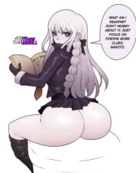 Rule 34 | 1girl, ass, boots, braid, danganronpa (series), feet out of frame, from behind, gloves, highres, huge ass, jay-marvel, kirigiri kyoko, long hair, microskirt, pleated skirt, side braid, simple background, sitting, skirt, solo, speech bubble, tagme, white background