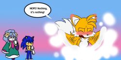 Rule 34 | 1girl, 2boys, blue fur, commentary, english commentary, english text, furry, furry male, gloves, hyrulepirate, male focus, multiple boys, simple background, smile, sonic (series), sonic dream team, sonic the hedgehog, speech bubble, tails (sonic)
