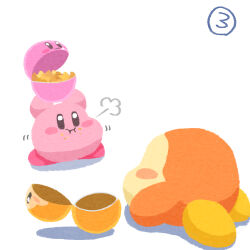 Rule 34 | :i, puff of air, blush stickers, eating, food, highres, holding, kirby, kirby (series), kirby cafe, miclot, nintendo, no humans, pink footwear, potato wedges, shoes, simple background, takeout container, waddle dee, white background