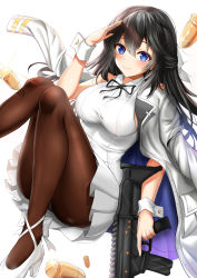 Rule 34 | 1girl, absurdres, ass, assault rifle, bare shoulders, black hair, blue eyes, blush, breasts, brown pantyhose, closed mouth, counter:side, deogho (liujinzy9854), dress, feet out of frame, frilled dress, frills, full body, gun, hair between eyes, high heels, highres, holding, holding gun, holding weapon, jacket, jacket on shoulders, knees together feet apart, large breasts, long hair, looking at viewer, off shoulder, panties, pantyhose, pantyshot, pocket, rifle, salute, shell casing, shin jia, simple background, smile, solo, sparkle, strappy heels, taut clothes, taut dress, thighs, underwear, weapon, white background, white dress, white footwear, wrist cuffs