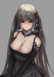 Rule 34 | 1girl, azur lane, bare shoulders, between breasts, black dress, breasts, cleavage, detached collar, dori (9720xyz), dress, formidable (azur lane), frilled dress, frills, grey background, grey hair, hair ribbon, highres, large breasts, long hair, looking at viewer, parted lips, red eyes, ribbon, simple background, solo, twintails, two-tone ribbon, upper body, very long hair