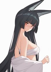 1girl absurdres animal_ear_fluff animal_ears bandaged_chest bandages black_hair blunt_bangs closed_mouth fox_ears fox_girl highres hoshimi_miyabi light_blush long_hair looking_at_viewer red_eyes sasaki3rd sidelocks simple_background solo upper_body white_background zenless_zone_zero