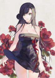 Rule 34 | 1girl, absurdres, bare shoulders, black hair, black joa, breasts, cleavage, clothes lift, floral background, green eyes, hair bun, halterneck, halterneck, highres, large breasts, long hair, looking at viewer, original, parted lips, single hair bun, skirt, skirt hold, skirt lift, solo, standing